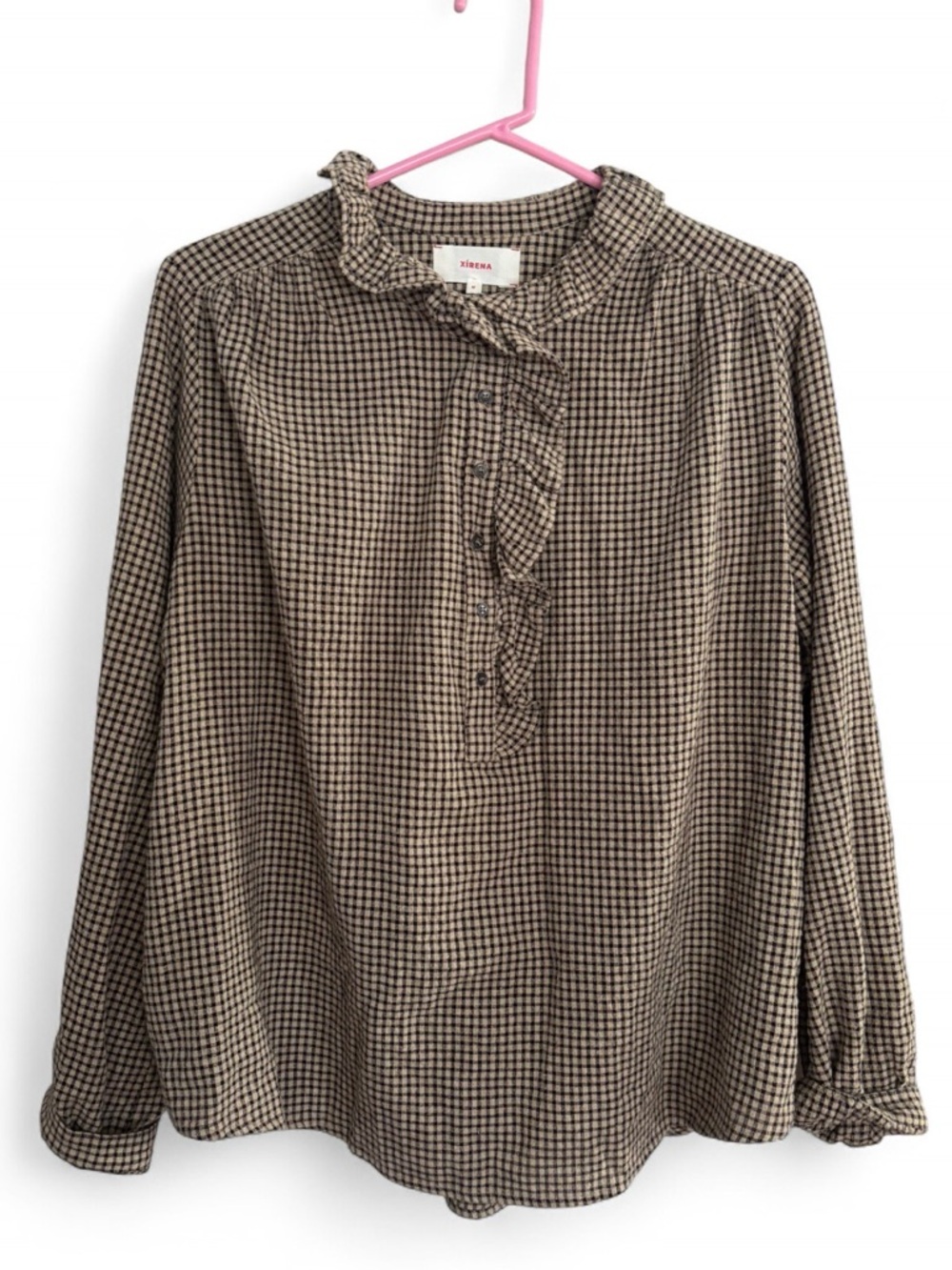 XiRENA Caspian Shirt Plaid Ruffle Long Sleeve Relaxed Fit Size Medium